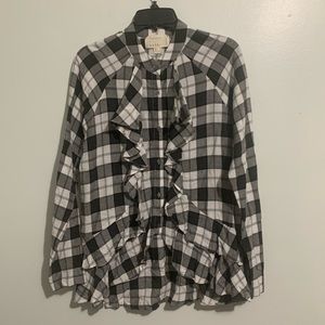 Nicole Miller Artelier Boyfriend Tie Front Ruffle Plaid Long Sleeve 84% Viscose